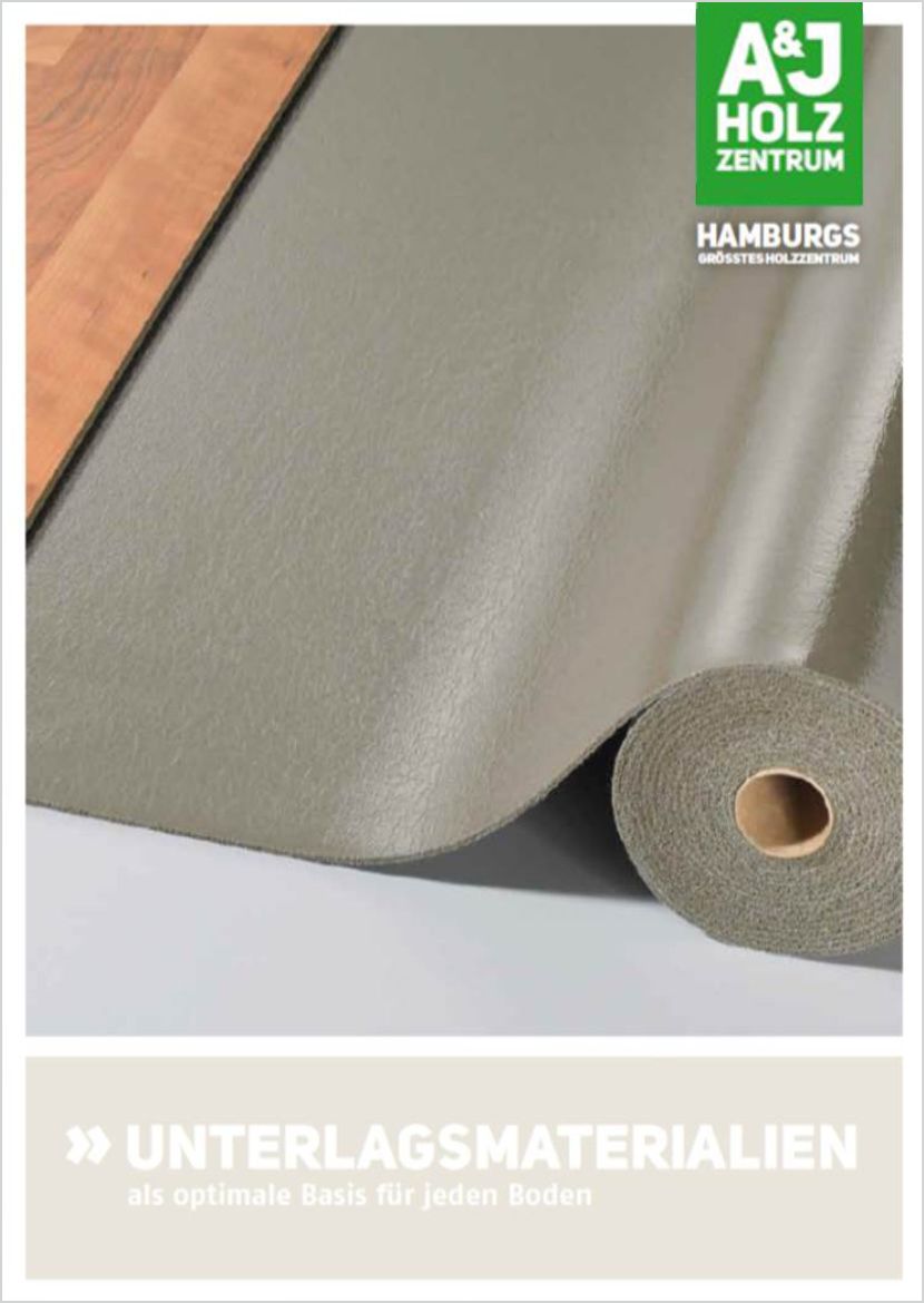 Titelbild der A&J Broschüre Unterlagsmaterialien: Eine oliv-farbene Rolle Unterlagsbahn, die halb unter einem Boden verlegt ist und abgerollt wird.