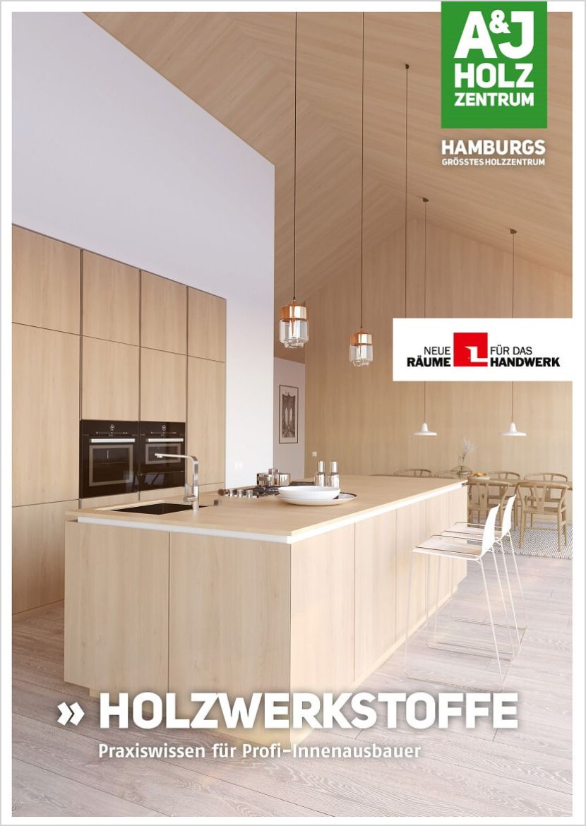 Titelbild vom A&J Praxiswissen Holzwerkstoffe: Blick auf eine Kücheninsel in eine Küche mit hellen, glatten Holzfronten in einem hohen , lichtdurchflutetem Raum.