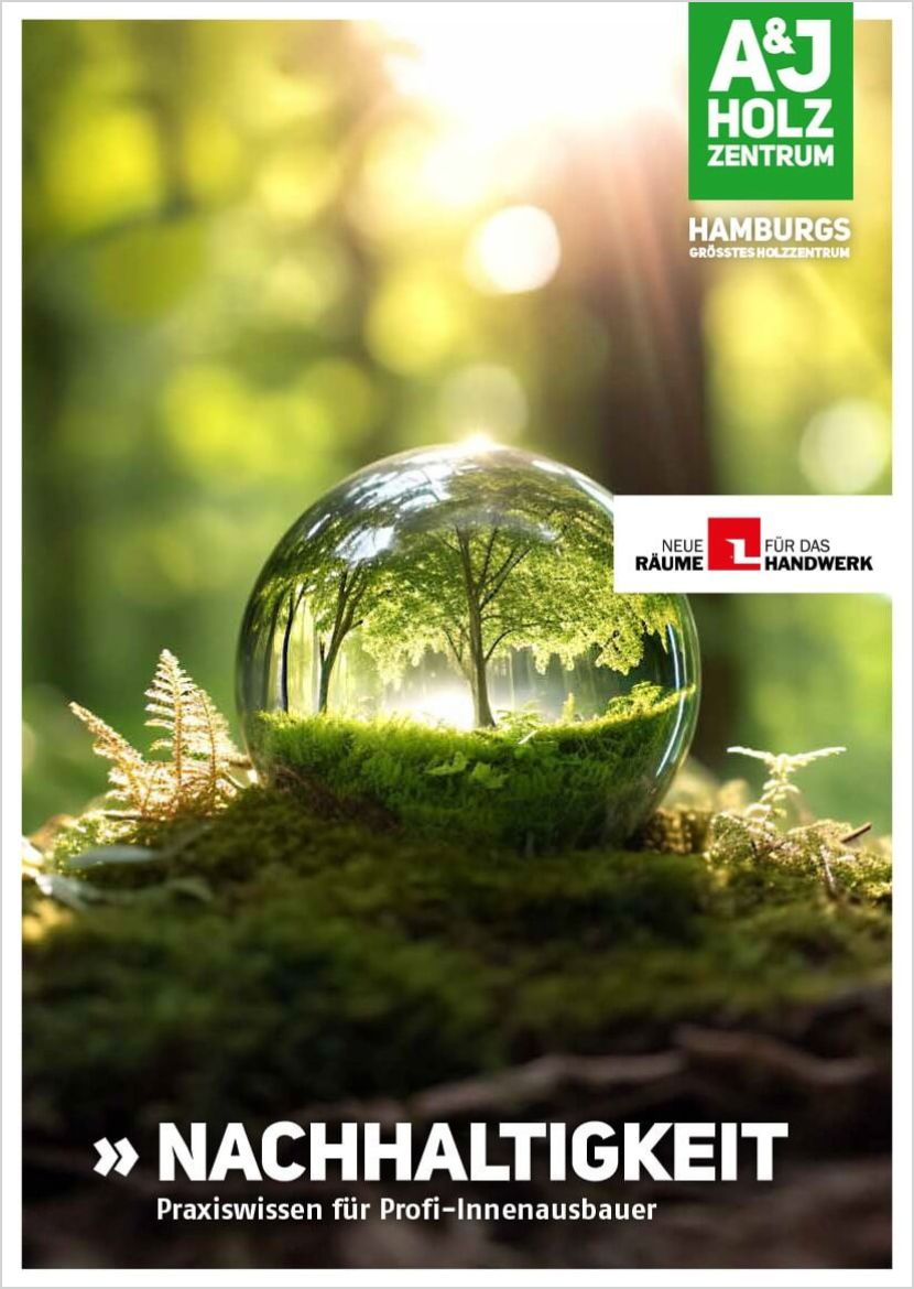 Titelbild vom A&J Praxiswissen Nachhaltigkeit: Blick auf eine polierte Glaskugel, auf einem Moos-Bett. Darin scharf zu erkennen, der sonnige Wald, der unscharf den Hintergrund bildet.