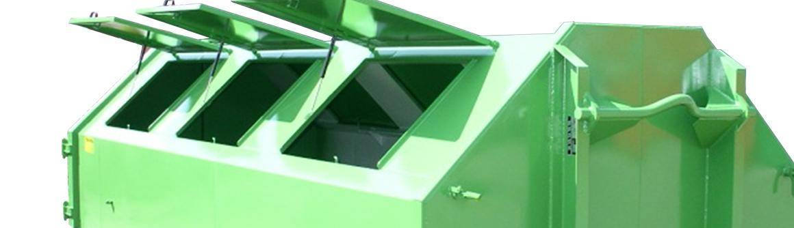 Ein grüner Müllcontainer mit geöffneten Klappen