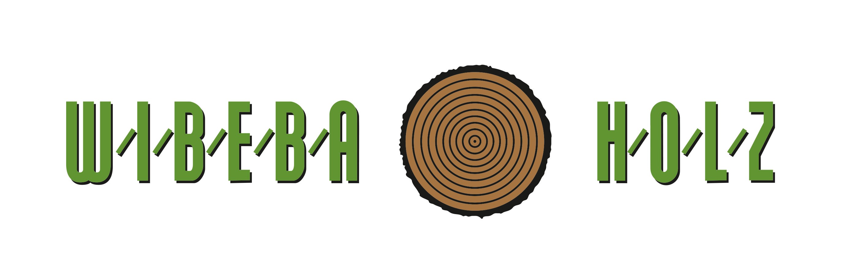 Logo wibeba Holz: Grüne Schrift auf weißem Grund. Beide Worte sind durch eine Grafik von einer Baumscheibe getrennt.