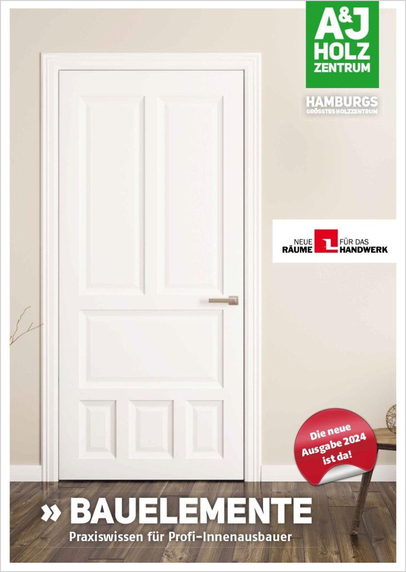 Titelbild vom A&J Praxiswissen Bauelemente: Blick auf eine helle Wand mit geschlossene, weiße, kassettierte Tür mit rosegoldenem Türgriff. Davor ein dunkler Holzboden.