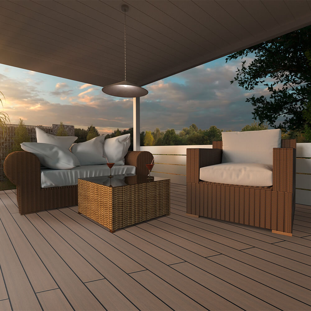 Gartenmöbel, Rattan-Sofa, Terrasse im Sonnenuntergang, Gepolsterte Sitzgelegenheit, Couchtisch