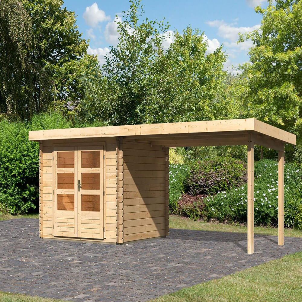 Blockbohlenhaus Delme 2 Anbaudach 