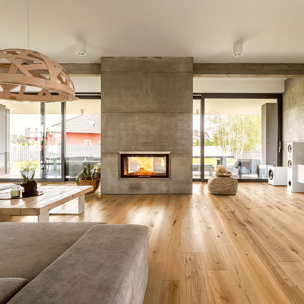 Wohnzimmer, Kamin, Holzboden, Grau, Großraummöbel