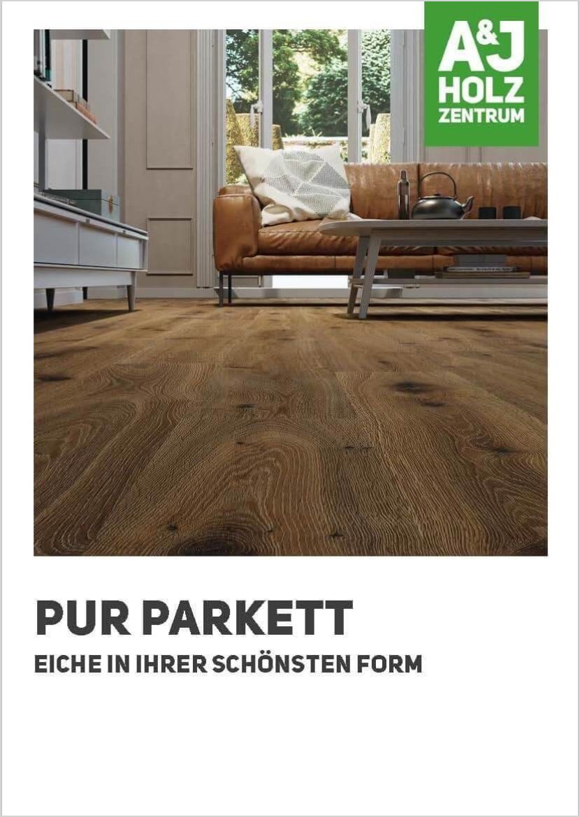 Titelbild vom A&J Katalog Pur Parkett: Blick über lebhaftes Eichen-Parkett  mit deutliche zu erkennenden Jahres-Ringen 