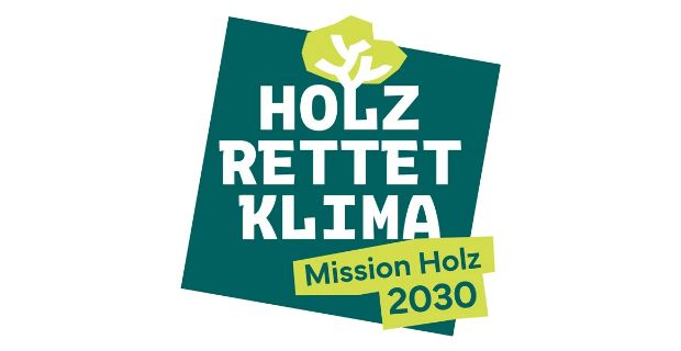 Logo Initiative Holz rettet Klima: dunkelgrünes Quadrat darauf in weißer Schrift Holz rettet Klima, in der unteren Ecke steht auf hellgrünem Hintergrund in dunkelgrüner Schrift Mission Holz 2030