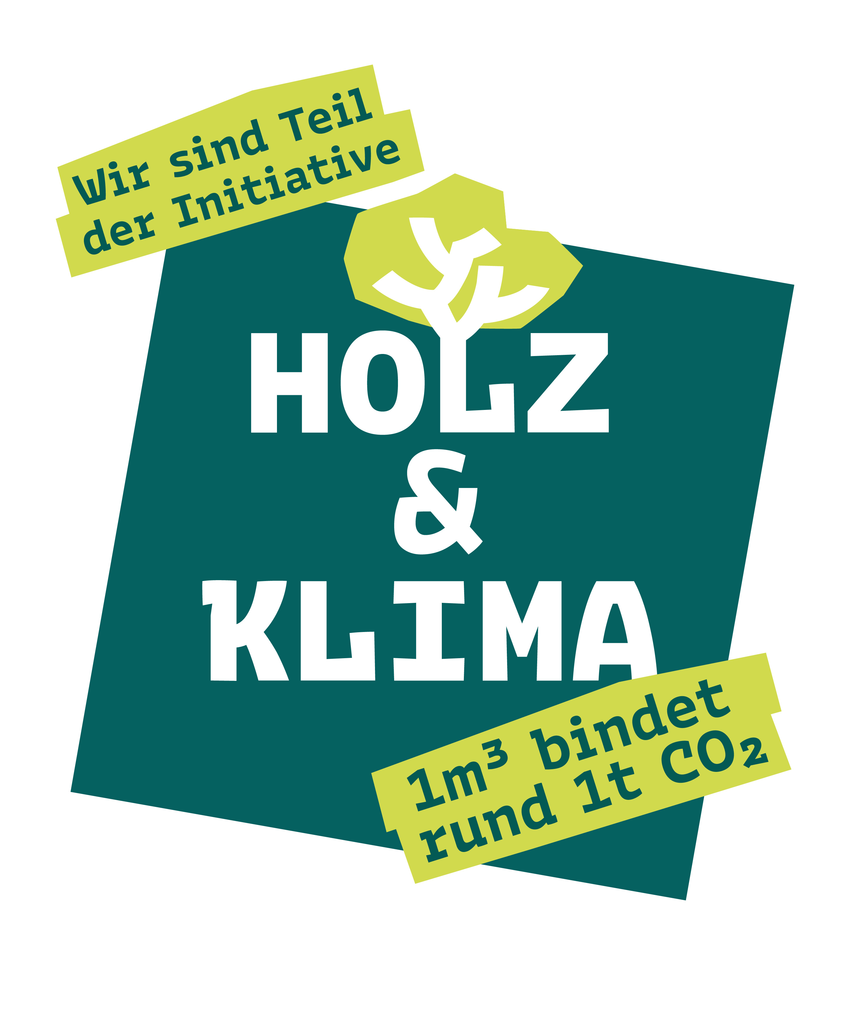 Logo Initiative Holz und Klima: dunkelgrünes Quadrat darauf in weißer Schrift Holz und Klima, in der unteren Ecke steht auf hellgrünem Hintergrund in dunkelgrüner Schrift 1m³ bindet rund 1t CO2