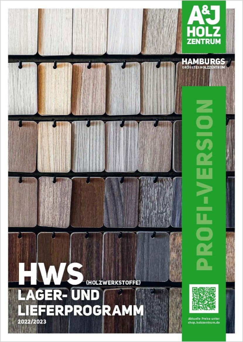 Titelbild vom A&J Katalog für Holzwerkstoffe: Blick auf eine Wand mit Mustertafeln von Holzwerkstoffen.