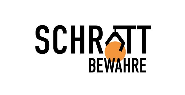 Logo Schrott bewahre e.V.: oben – das Wort Schrott in schwarzen Buchstaben, wobei ein T, wie ein Kran das vorherige O als orangene Kugel hält; darunter rechtbündig das Wort bewahre in schwarzen Großbuchstaben